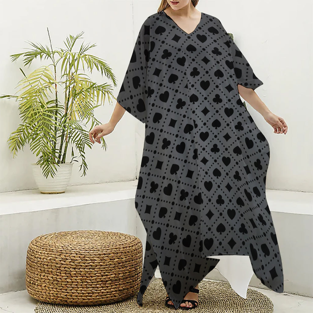 Black And Grey Playing Card Suits Print Silk V-Neck Kaftan Dress