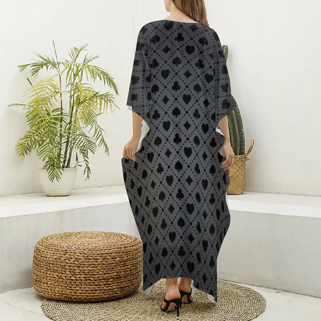 Black And Grey Playing Card Suits Print Silk V-Neck Kaftan Dress