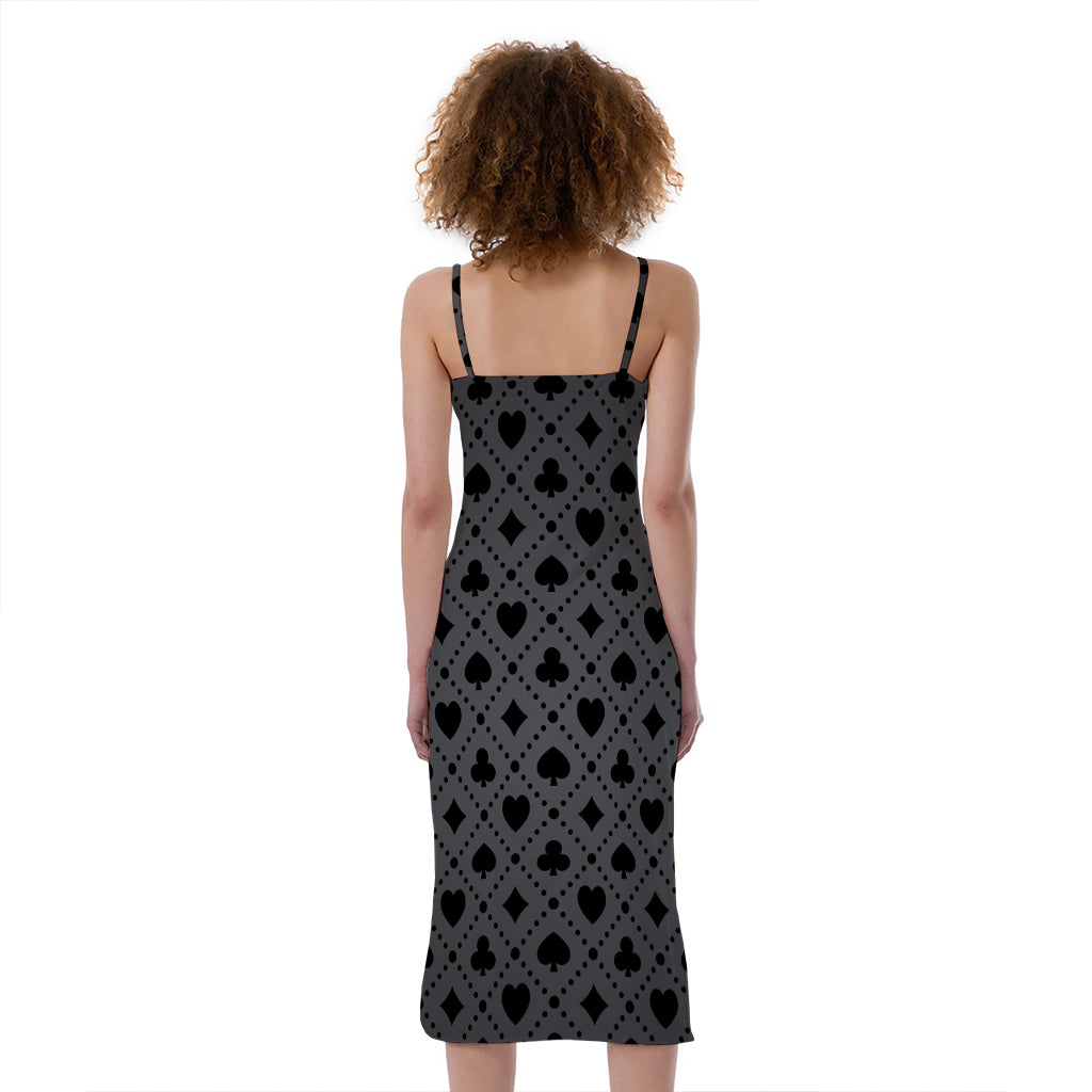 Black And Grey Playing Card Suits Print Slim Fit Midi Cami Dress