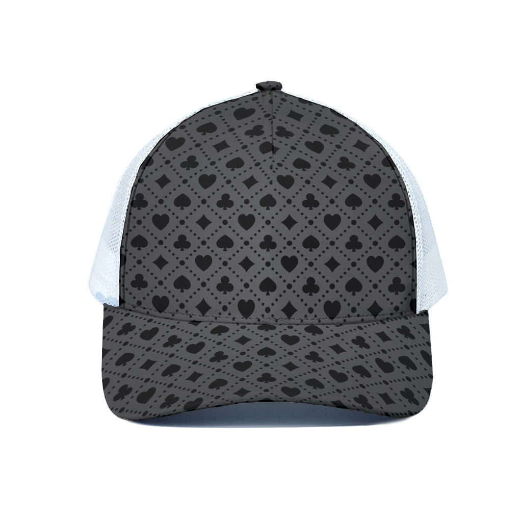 Black And Grey Playing Card Suits Print White Mesh Trucker Cap