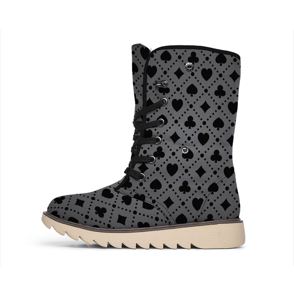 Black And Grey Playing Card Suits Print Winter Boots