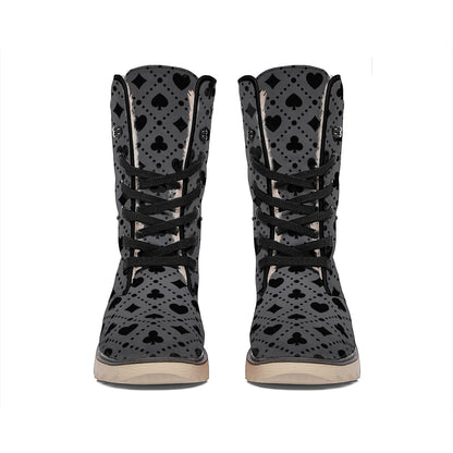 Black And Grey Playing Card Suits Print Winter Boots