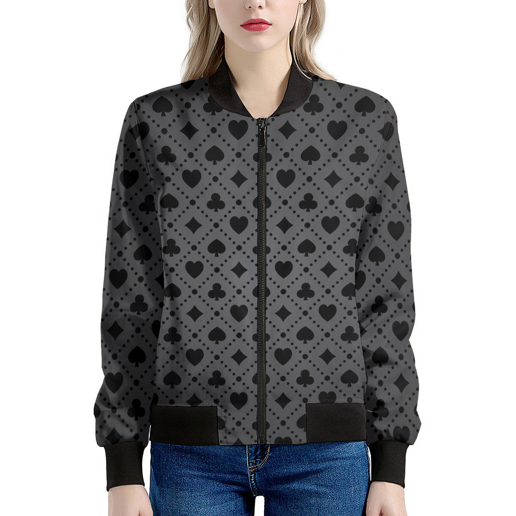 Black And Grey Playing Card Suits Print Women's Bomber Jacket