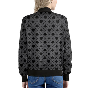 Black And Grey Playing Card Suits Print Women's Bomber Jacket