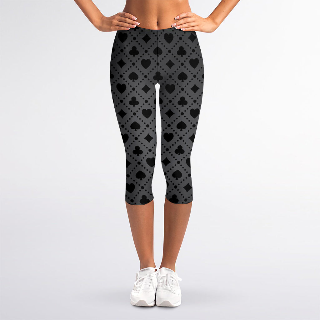 Black And Grey Playing Card Suits Print Women's Capri Leggings