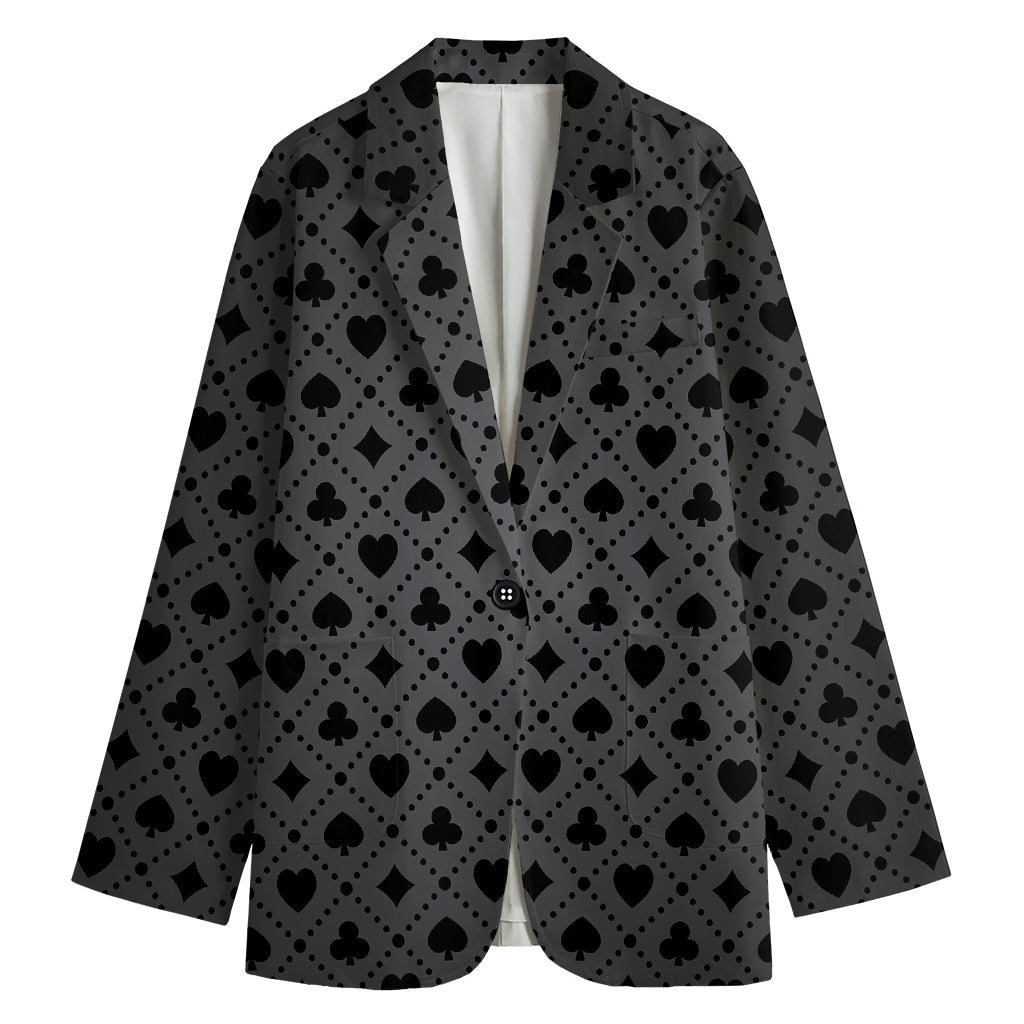 Black And Grey Playing Card Suits Print Women's Cotton Blazer