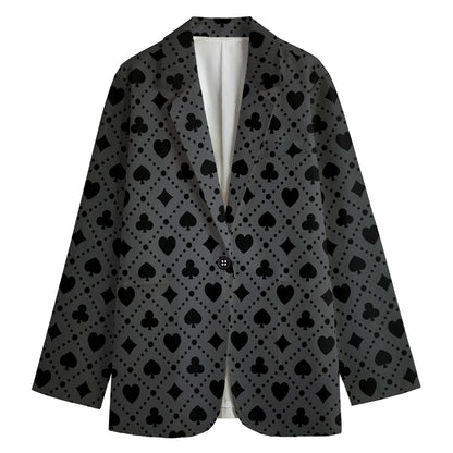 Black And Grey Playing Card Suits Print Women's Cotton Blazer