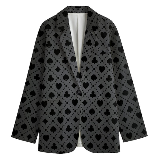 Black And Grey Playing Card Suits Print Women's Cotton Blazer