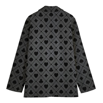Black And Grey Playing Card Suits Print Women's Cotton Blazer