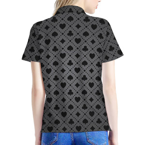 Black And Grey Playing Card Suits Print Women's Polo Shirt