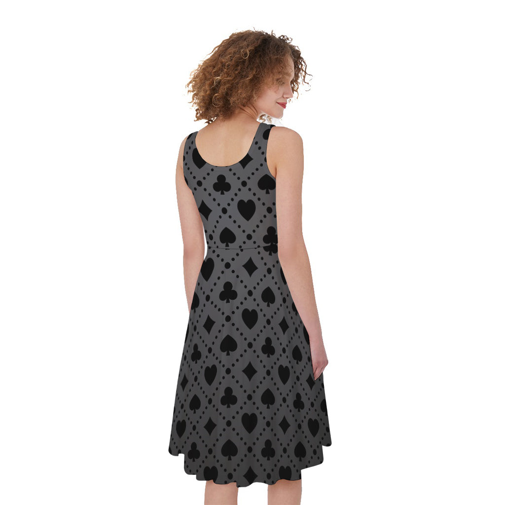 Black And Grey Playing Card Suits Print Women's Sleeveless Dress