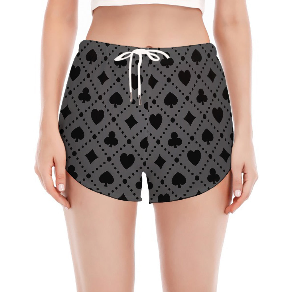 Black And Grey Playing Card Suits Print Women's Split Running Shorts
