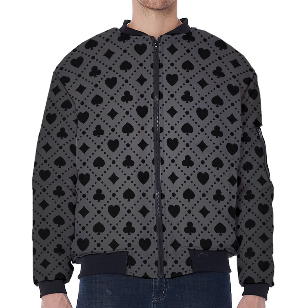 Black And Grey Playing Card Suits Print Zip Sleeve Bomber Jacket