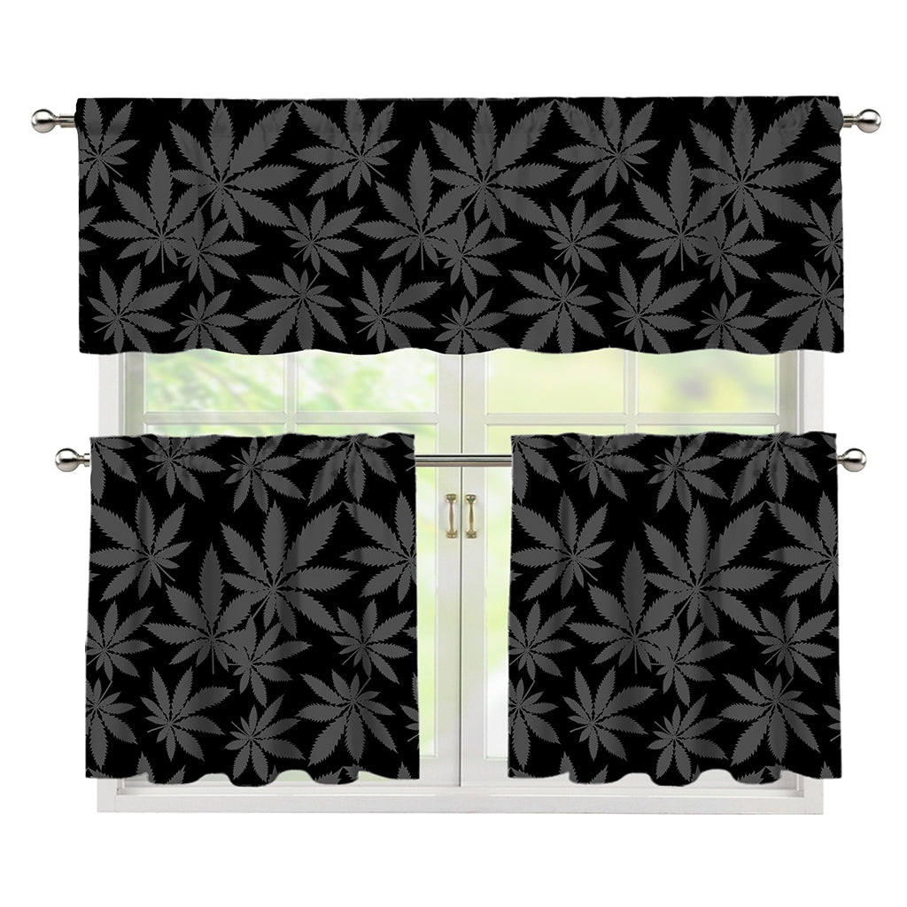 Black And Grey Pot Leaf Pattern Print 3 Piece Kitchen Curtains