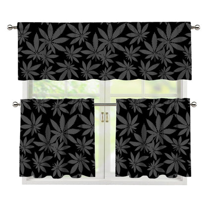 Black And Grey Pot Leaf Pattern Print 3 Piece Kitchen Curtains