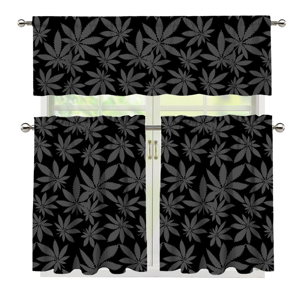 Black And Grey Pot Leaf Pattern Print 3 Piece Kitchen Curtains