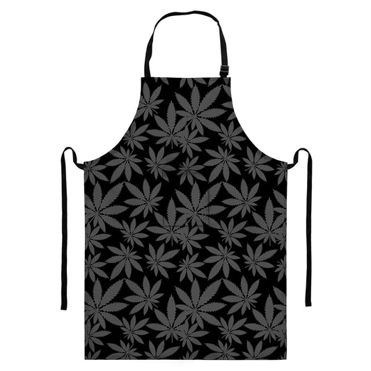 Black And Grey Pot Leaf Pattern Print Bib Apron With Pocket