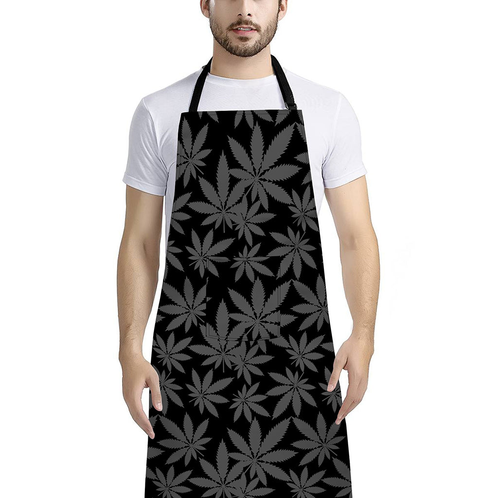 Black And Grey Pot Leaf Pattern Print Bib Apron With Pocket