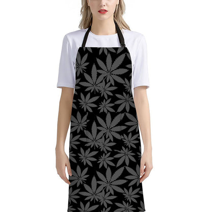 Black And Grey Pot Leaf Pattern Print Bib Apron With Pocket