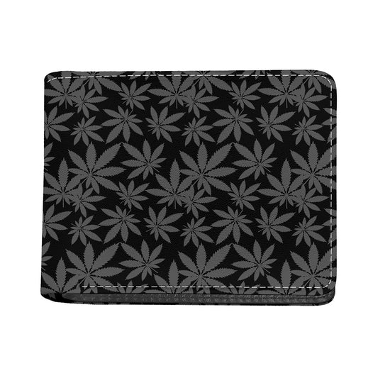 Black And Grey Pot Leaf Pattern Print Bifold Wallet