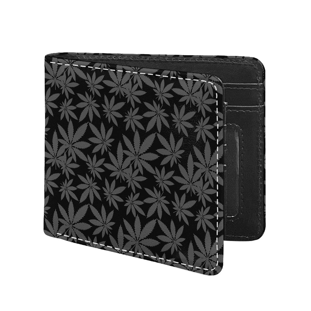 Black And Grey Pot Leaf Pattern Print Bifold Wallet
