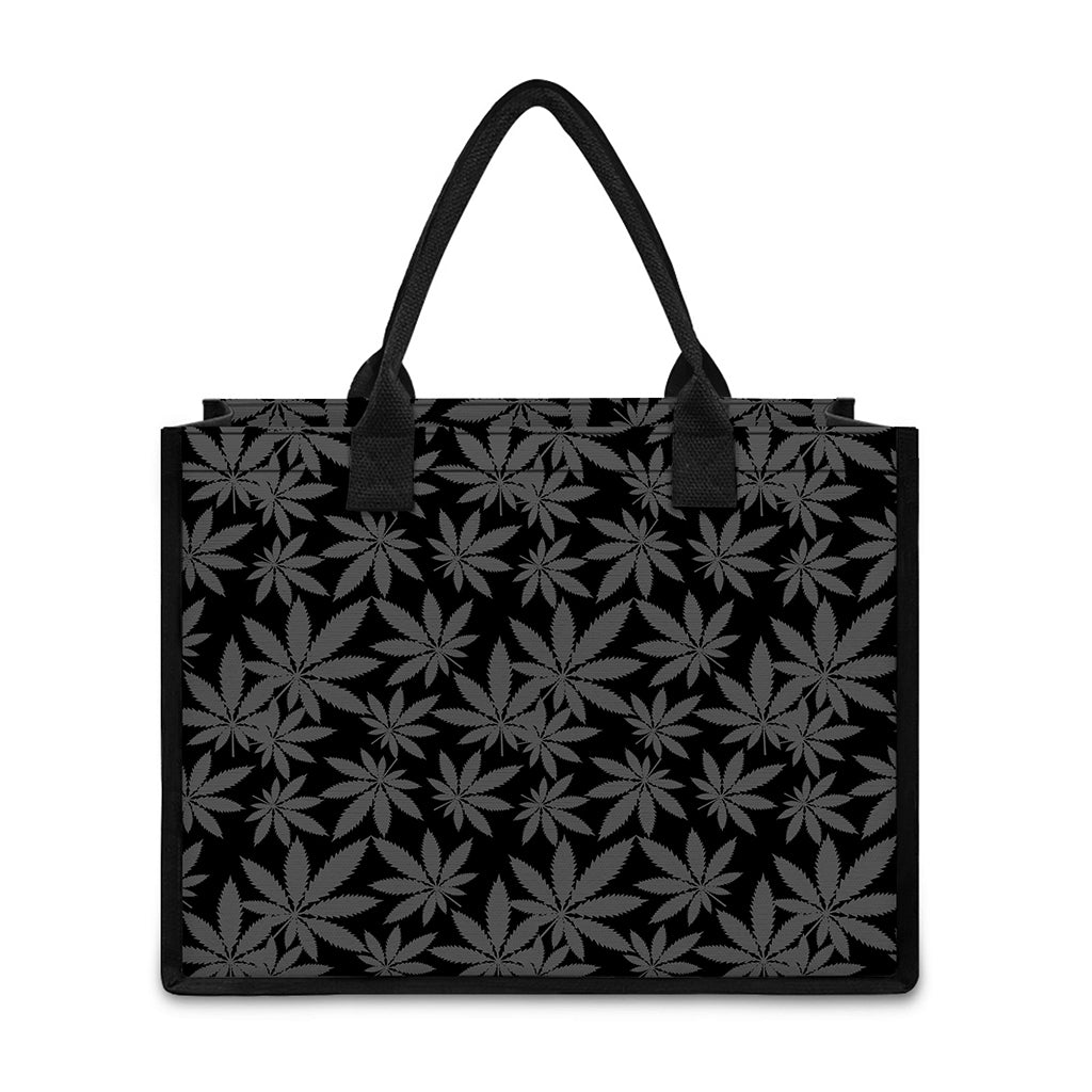 Black And Grey Pot Leaf Pattern Print Canvas Tote Bag