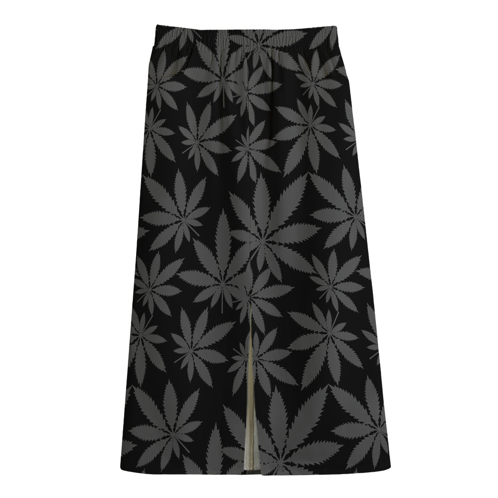 Black And Grey Pot Leaf Pattern Print Cotton Front Slit Maxi Skirt