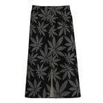 Black And Grey Pot Leaf Pattern Print Cotton Front Slit Maxi Skirt
