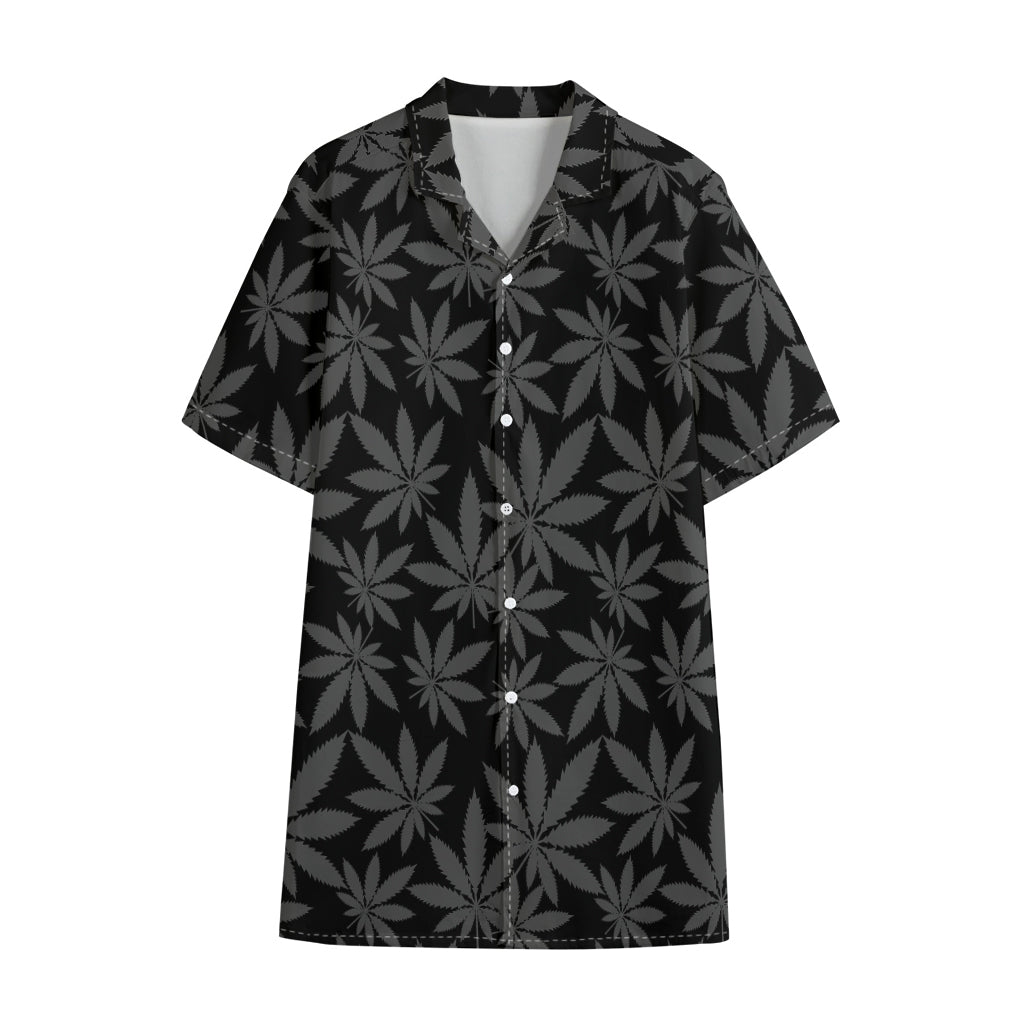Black And Grey Pot Leaf Pattern Print Cotton Hawaiian Shirt