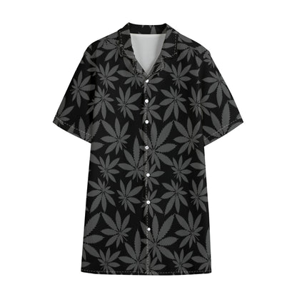 Black And Grey Pot Leaf Pattern Print Cotton Hawaiian Shirt