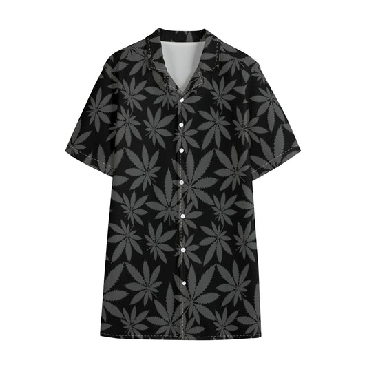 Black And Grey Pot Leaf Pattern Print Cotton Hawaiian Shirt