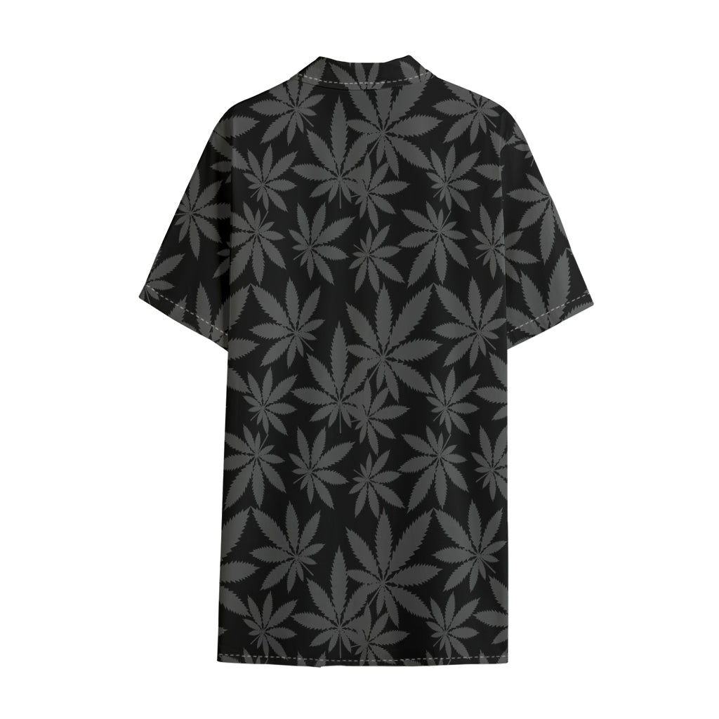 Black And Grey Pot Leaf Pattern Print Cotton Hawaiian Shirt