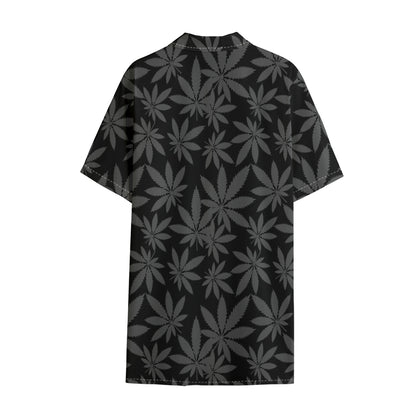 Black And Grey Pot Leaf Pattern Print Cotton Hawaiian Shirt