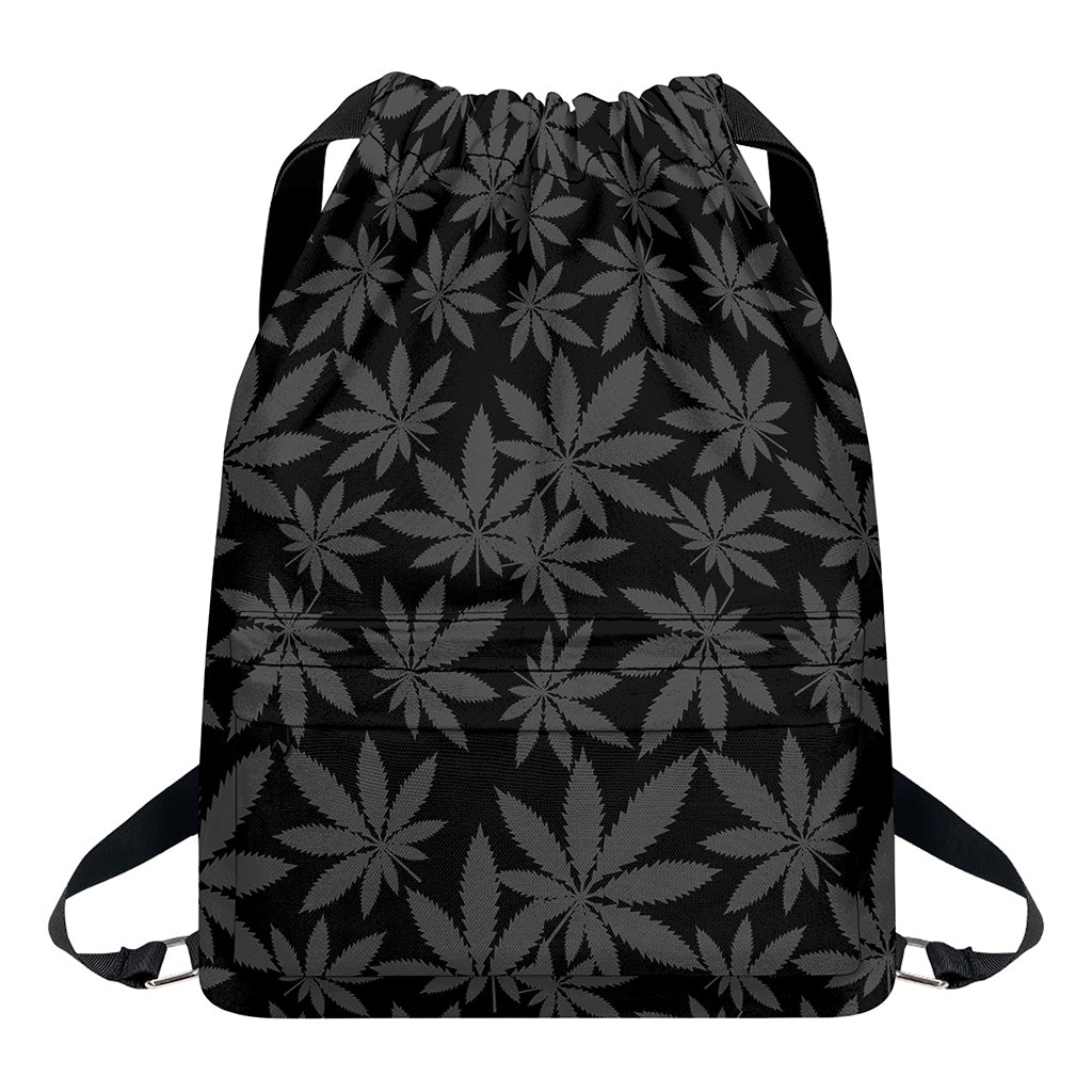 Black And Grey Pot Leaf Pattern Print Drawstring Backpack