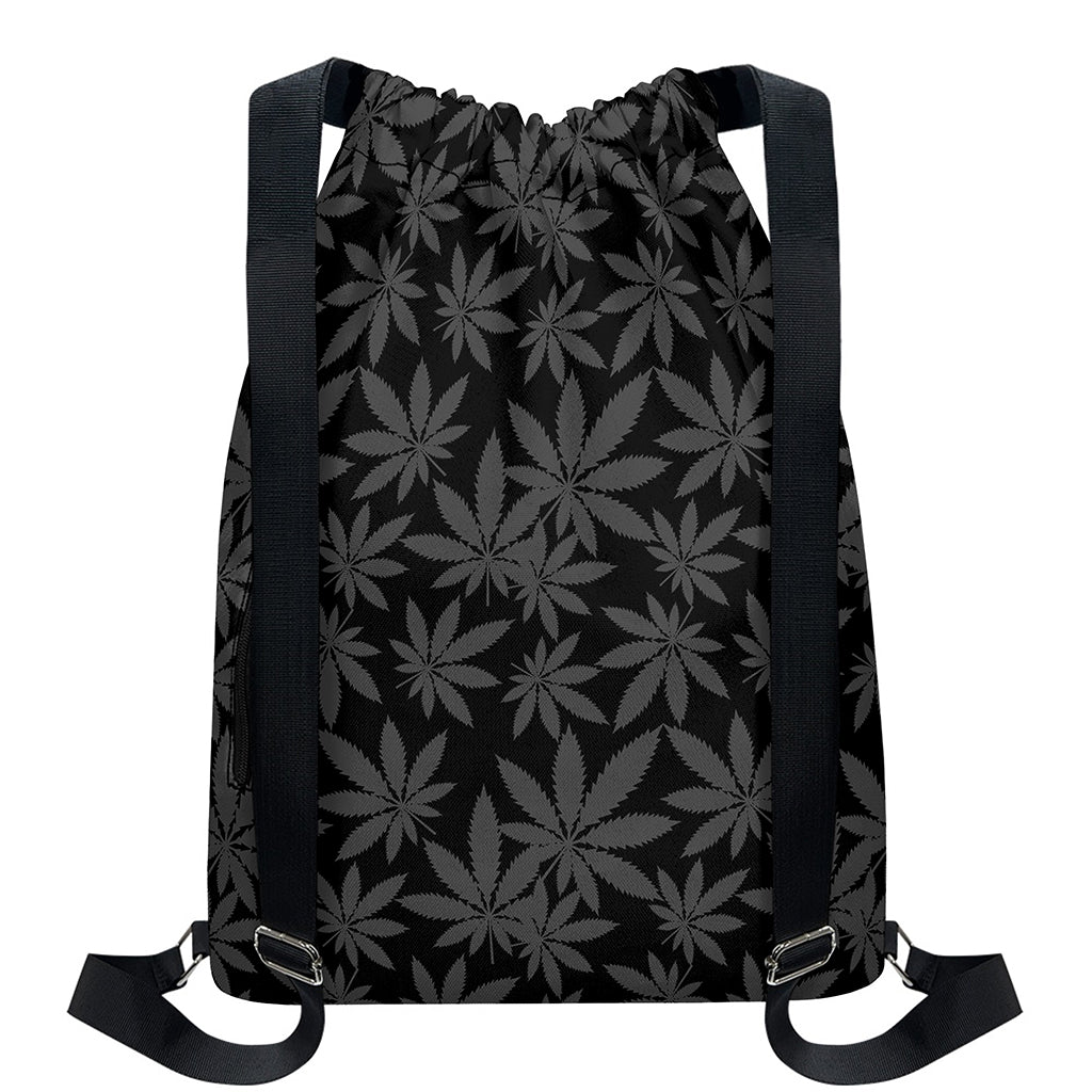 Black And Grey Pot Leaf Pattern Print Drawstring Backpack