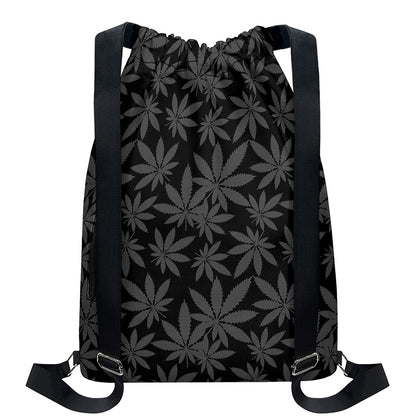 Black And Grey Pot Leaf Pattern Print Drawstring Backpack