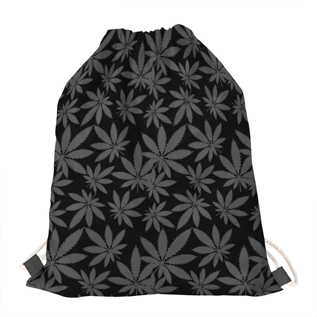 Black And Grey Pot Leaf Pattern Print Drawstring Bag