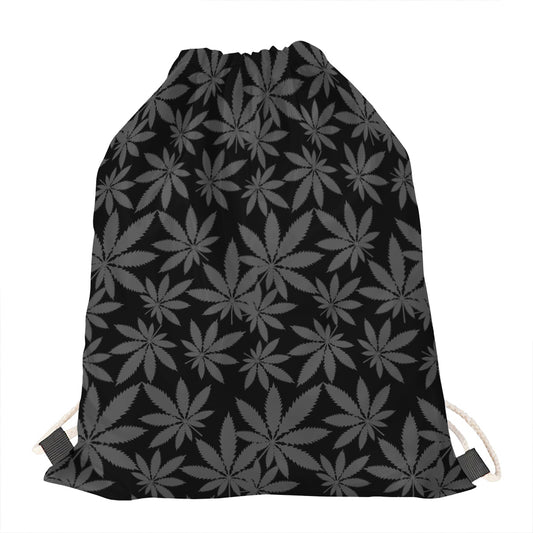 Black And Grey Pot Leaf Pattern Print Drawstring Bag