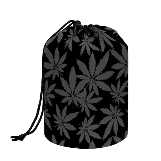 Black And Grey Pot Leaf Pattern Print Drawstring Makeup Bag