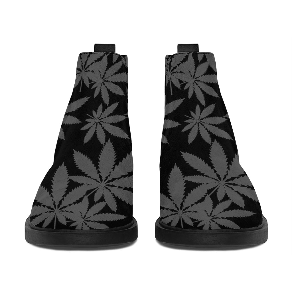 Black And Grey Pot Leaf Pattern Print Flat Ankle Boots