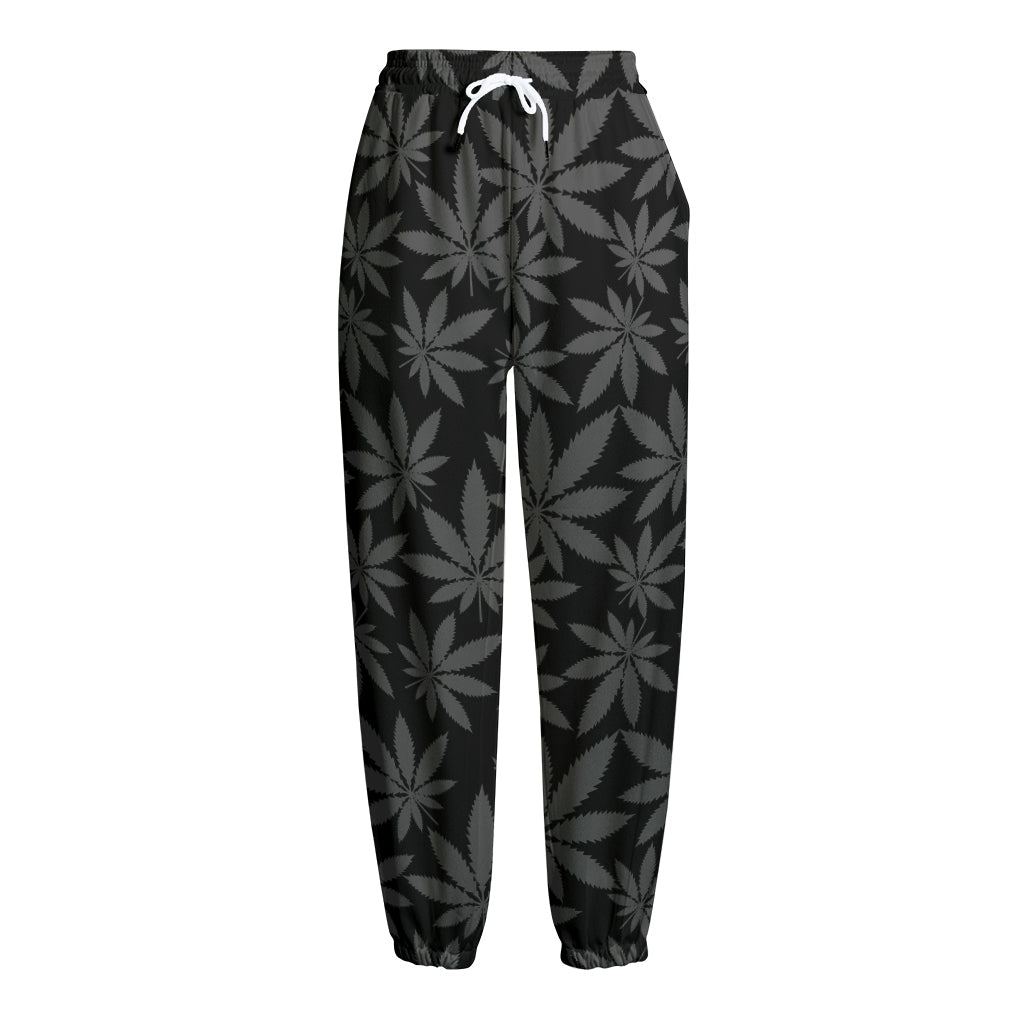 Black And Grey Pot Leaf Pattern Print Fleece Lined Knit Pants