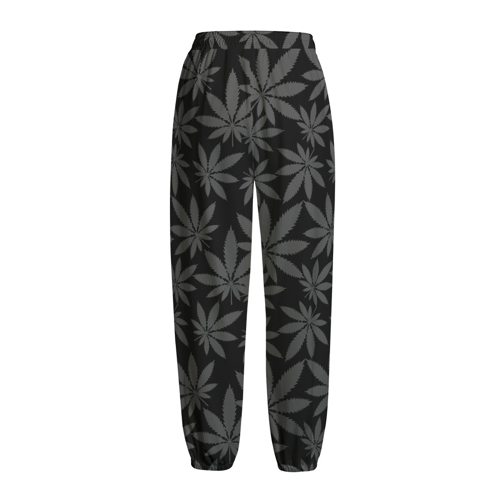 Black And Grey Pot Leaf Pattern Print Fleece Lined Knit Pants