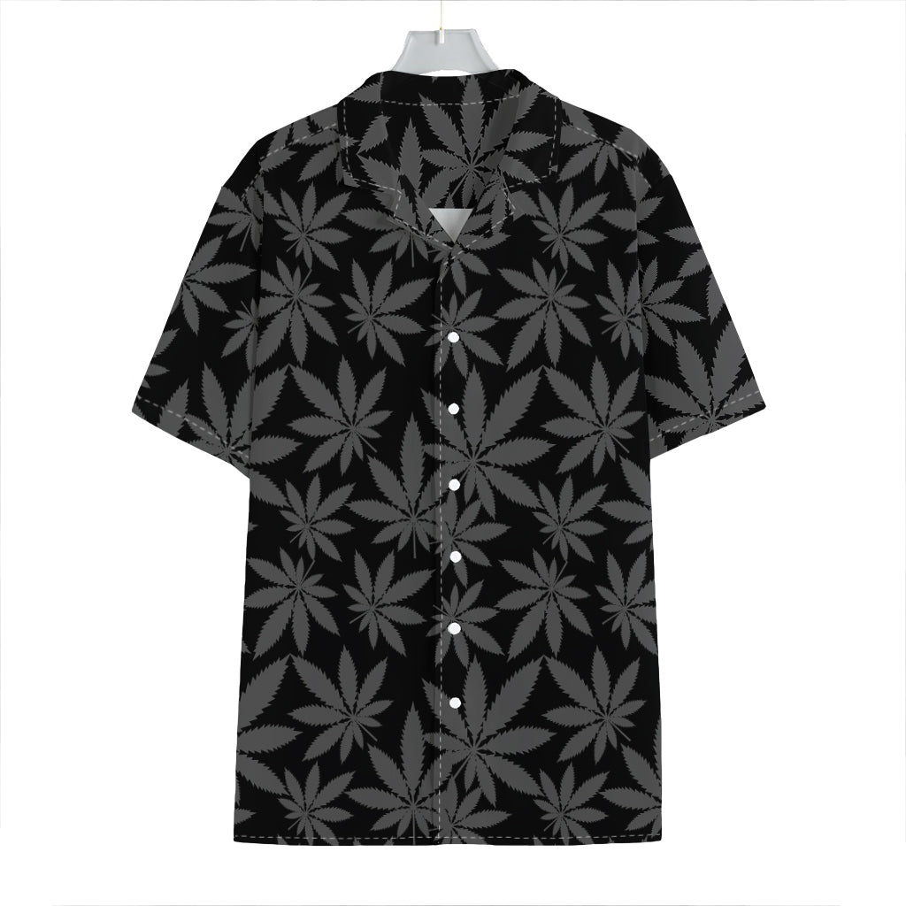 Black And Grey Pot Leaf Pattern Print Hawaiian Shirt