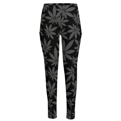 Black And Grey Pot Leaf Pattern Print High-Waisted Pocket Leggings