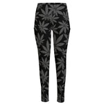 Black And Grey Pot Leaf Pattern Print High-Waisted Pocket Leggings