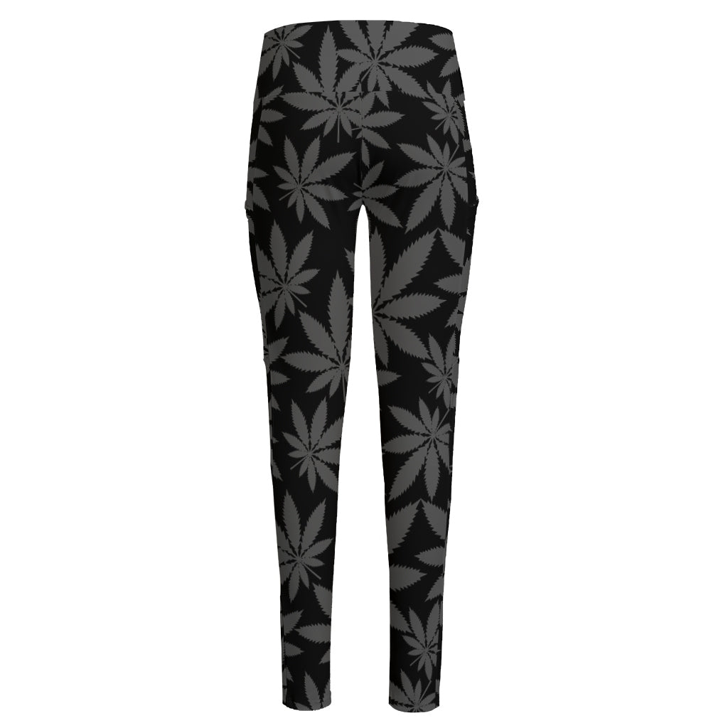Black And Grey Pot Leaf Pattern Print High-Waisted Pocket Leggings