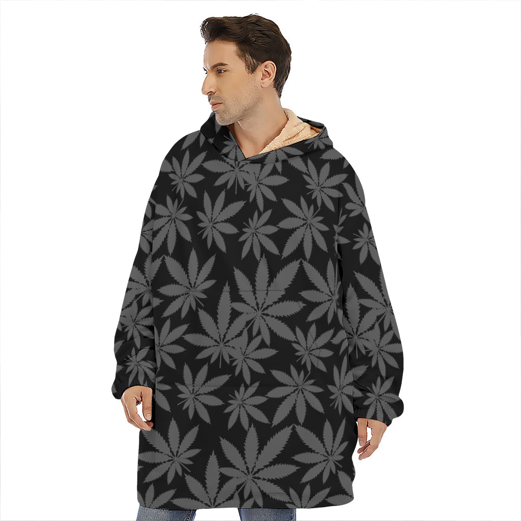Black And Grey Pot Leaf Pattern Print Hoodie Blanket
