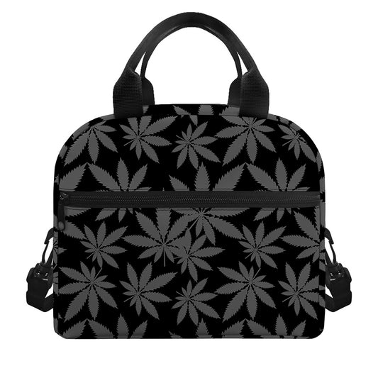 Black And Grey Pot Leaf Pattern Print Insulated Lunch Bag