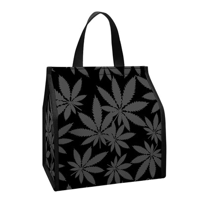 Black And Grey Pot Leaf Pattern Print Insulated Lunch Tote