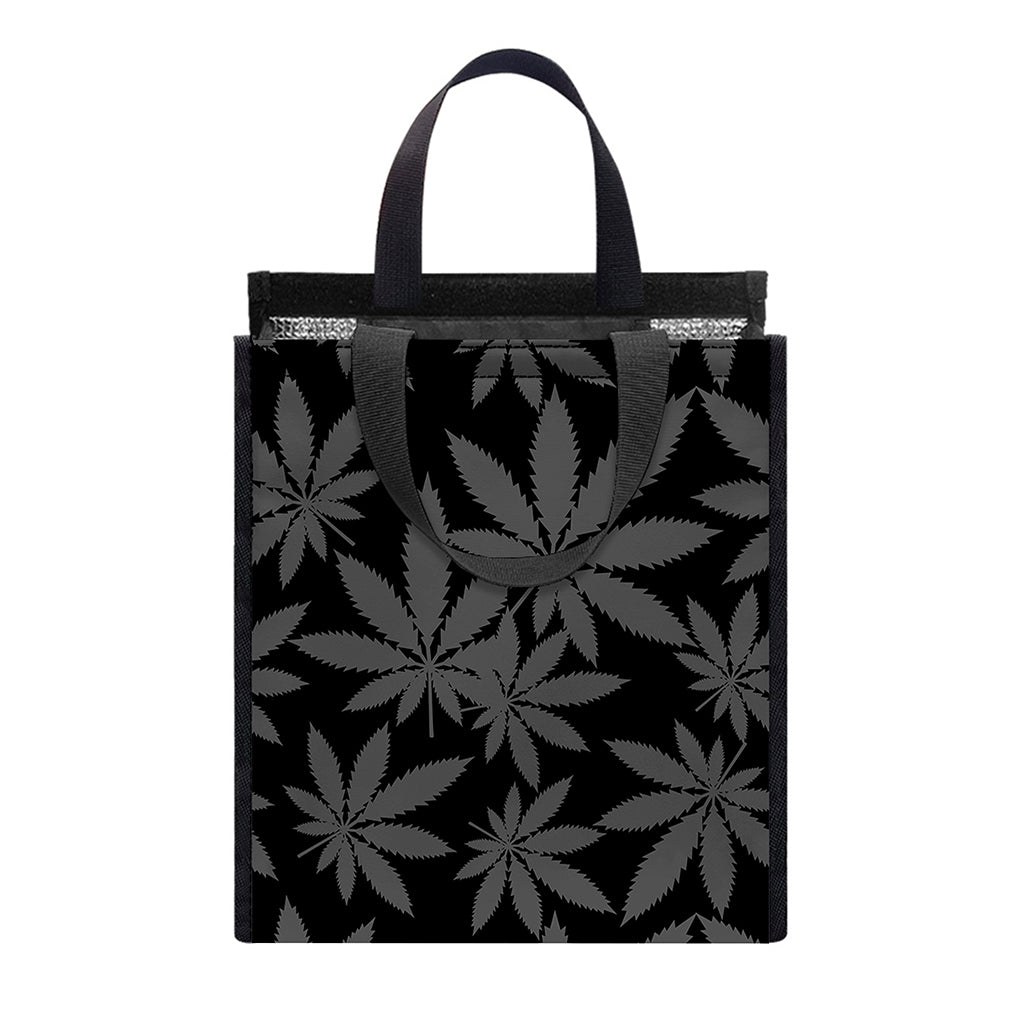 Black And Grey Pot Leaf Pattern Print Insulated Lunch Tote